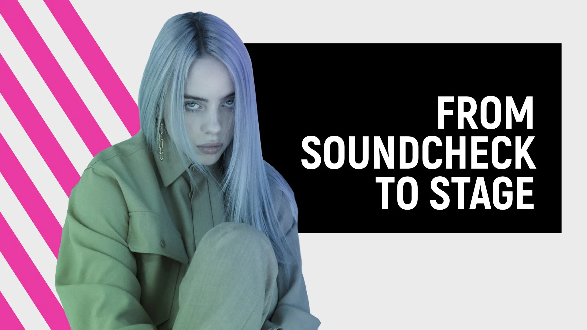 A young woman with long blonde hair and blue eyes, wearing a green jacket and sitting in front of a background with pink and white diagonal lines, and black text that reads 'From Soundcheck to Stage'.
