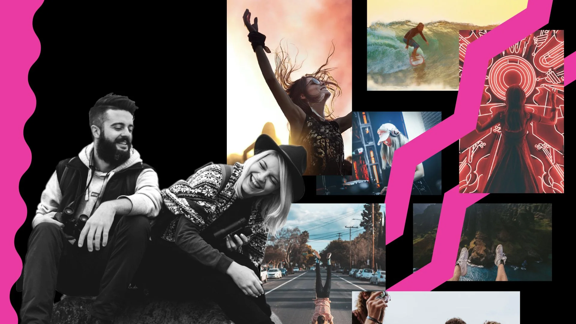 Collage of various outdoor and recreational activities, including two people hiking or exploring, a person surfing on a wave, a woman in a dress with hair blowing in the wind, a person skating, a woman taking photos with a camera, a person doing a handstand on a street, and another person relaxing near water, with a bold pink zigzag design overlaying the images.