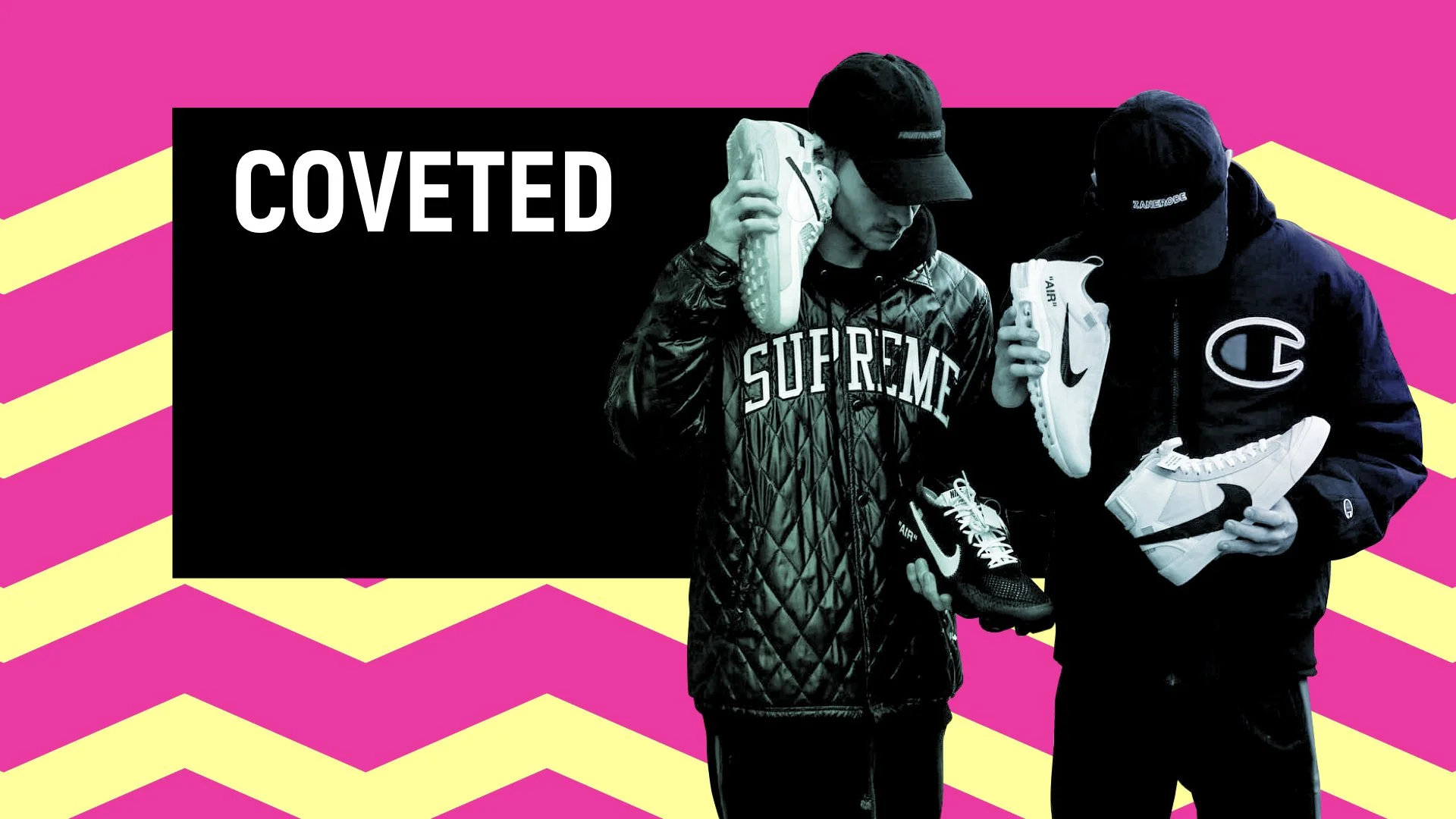 Two young men wearing black caps and jackets, holding and inspecting white and black sneakers, with the word 'COVETED' in bold white letters on a black rectangle against a pink and yellow patterned background.