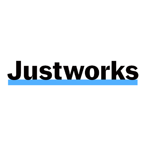 The logo for Justworks with the company name in black text and a blue underline.