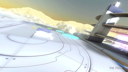 A futuristic spaceship flying through clouds with illuminated control panels on the side.