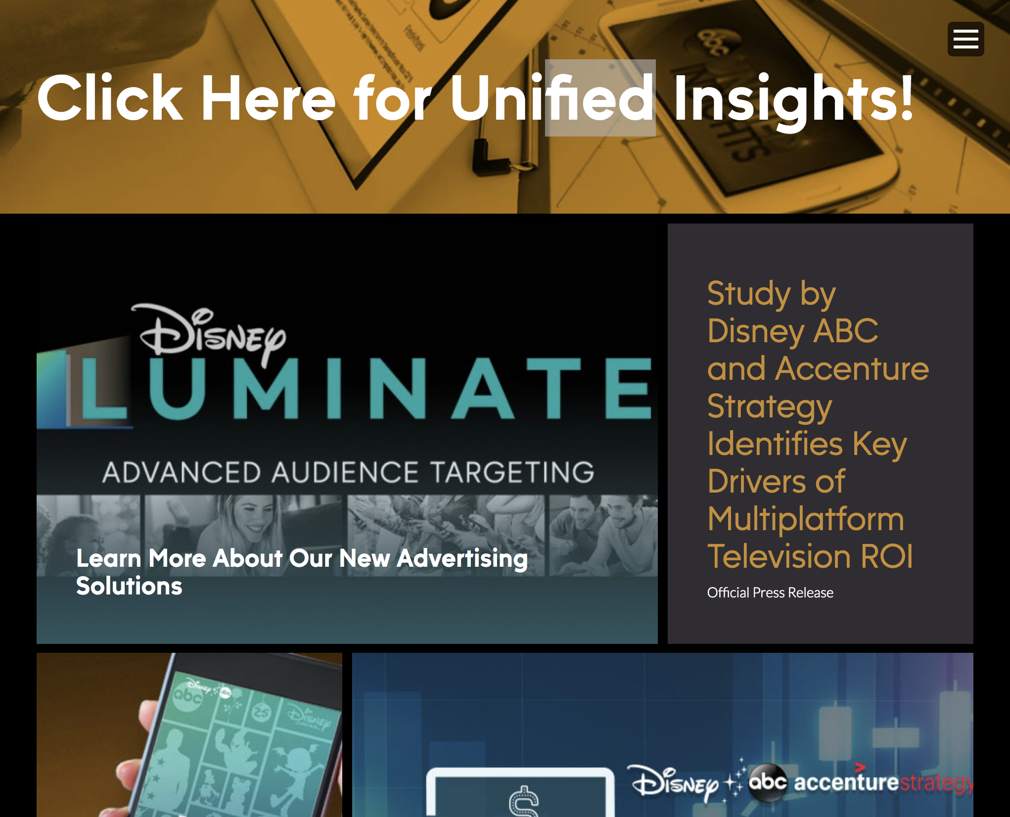 A screenshot of a webpage titled 'Click Here for Unified Insights!' with the Disney Luminate logo, a headline about advanced audience targeting, and a section mentioning a study by Disney ABC and Accenture Strategy.