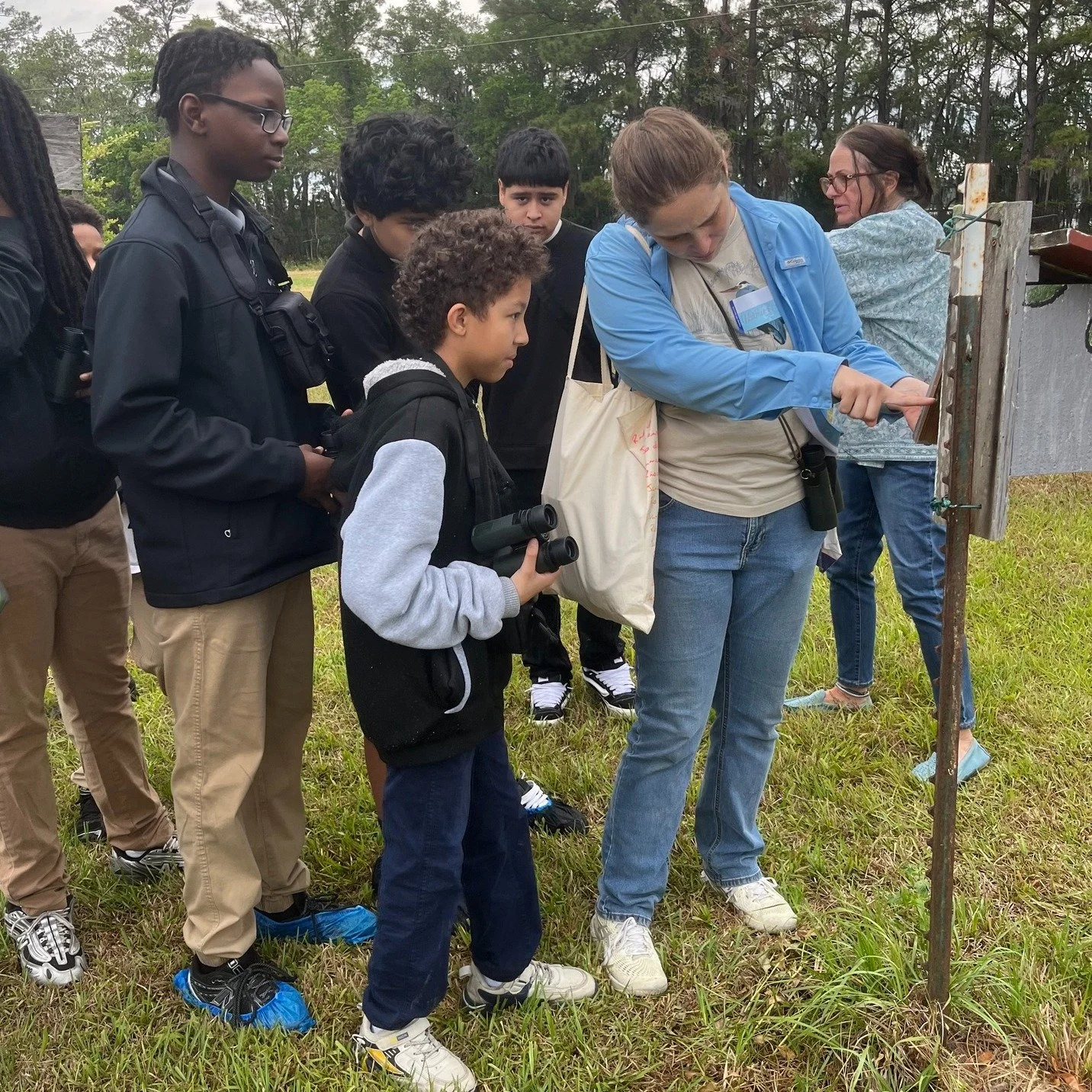 Thank you Heather Kraus from Nemours Wildlife Foundation for sharing information about the birds that visit the Whale Branch campus. Students looked for birds, listened for various bird calls, and peeked inside one of the many bluebird boxes HCF has 