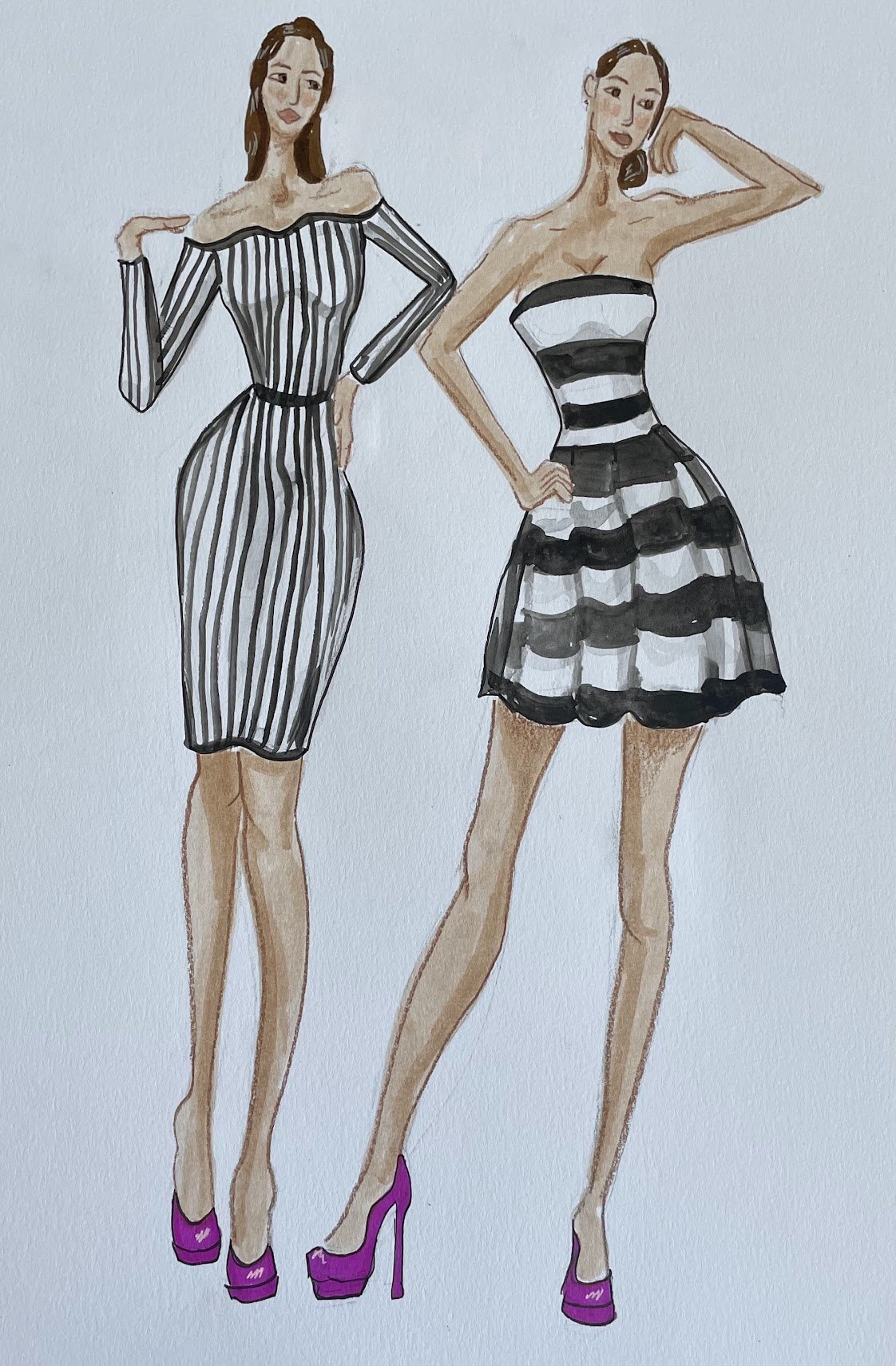 Goauche Fashion Figures in Stripes