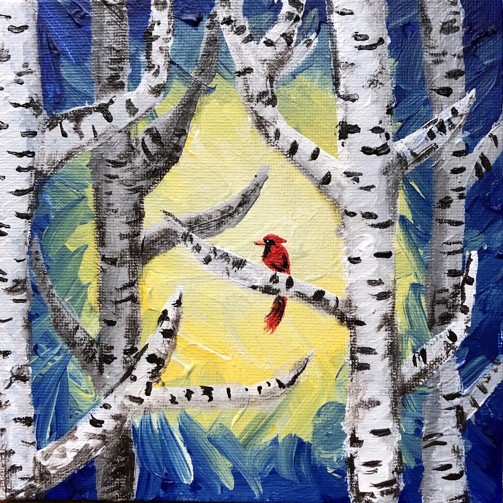 Acrylic Cardinal in a Birch Forest