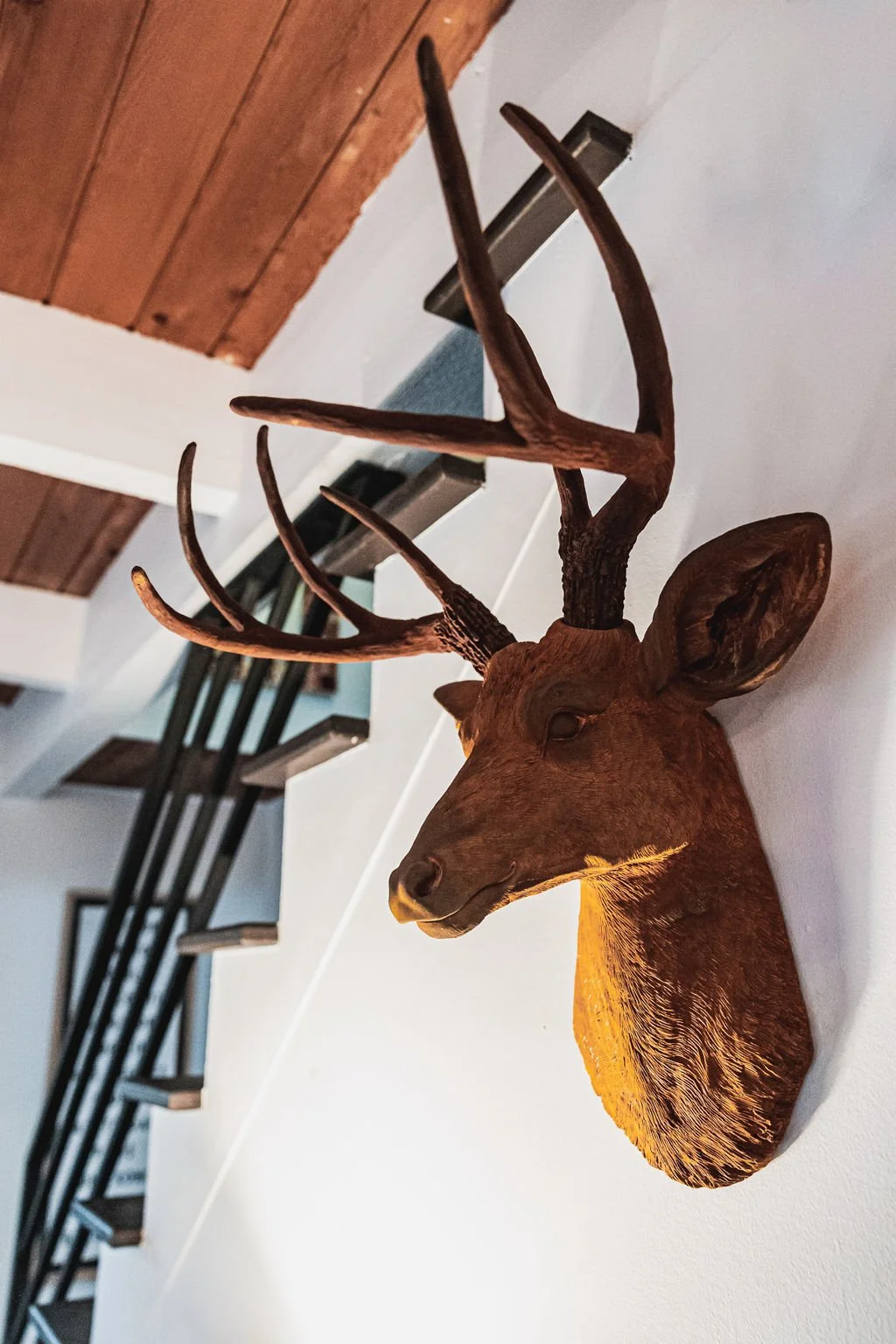 faux deer head located in living room of casa la luz located in Poconos Pennsylvania