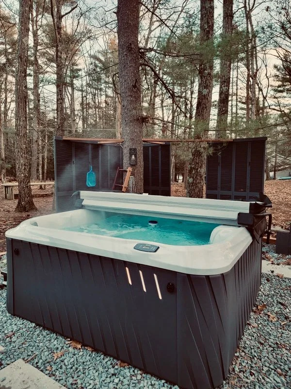 hot tub oasis with seating and meditation area of casa la luz located in Poconos Pennsylvania