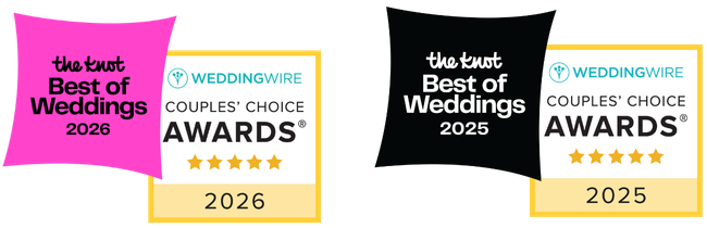 Award-Winning Wedding Day Pet Care. Group of award banners for wedding awards, including categories for best of weddings 2025 and 2026 on The Knot and Wedding Wire.