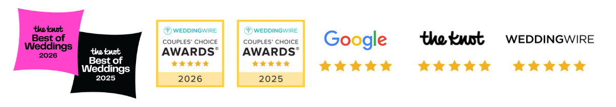 Award-Winning Wedding Day Pet Care. Group of award banners for wedding awards, including categories for best of weddings 2025 and 2026.
