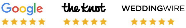 Group of 5 star review banners. 5 star reviews on Google, 5 star reviews on The Knot, 5 star reviews on Wedding Wire