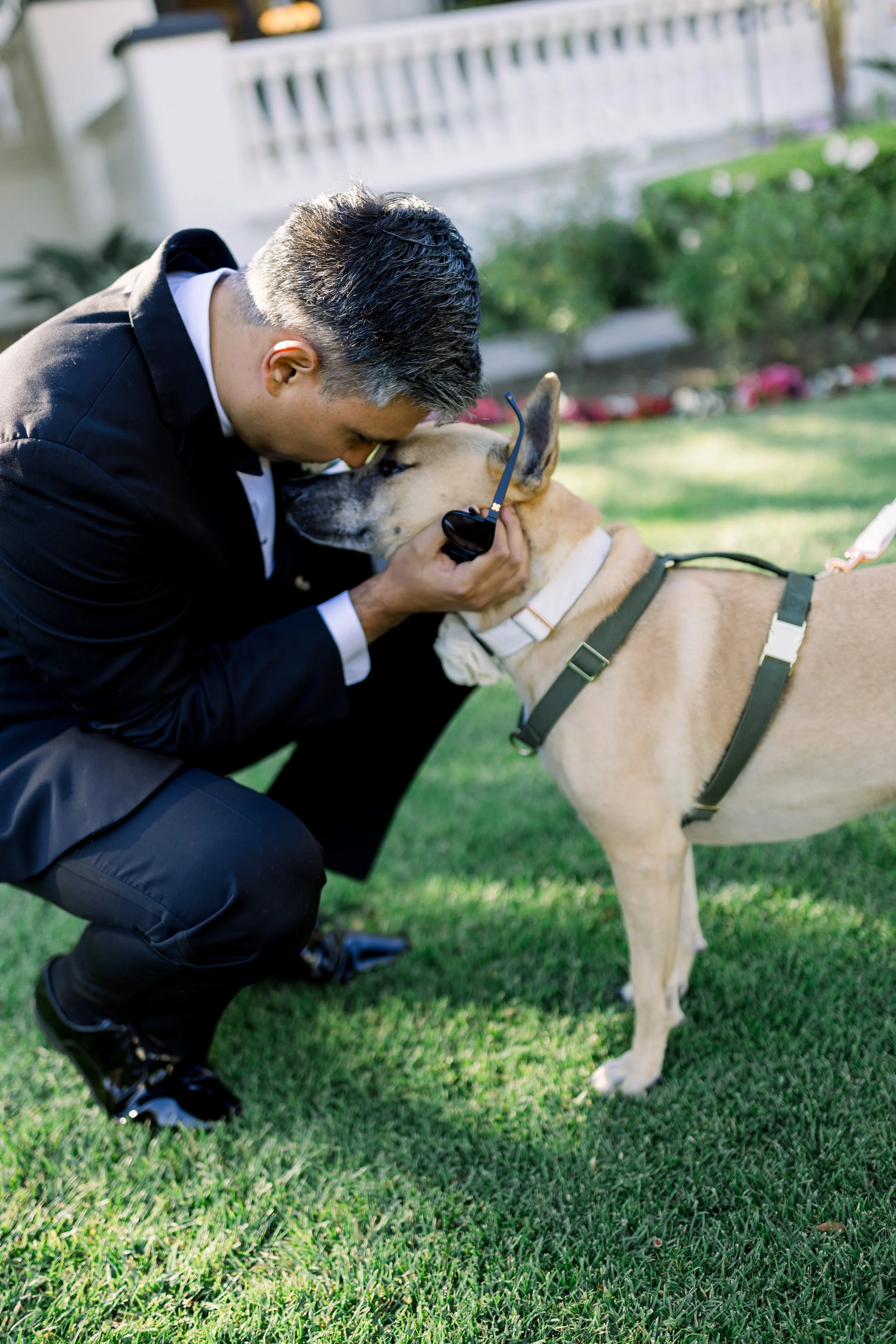 A man wearing a black suit is kneeling on grass, embracing a large tan dog with a leash, while holding sunglasses. The man and dog are touching noses in a affectionate gesture. In the background, there is a white house with a porch and well-kept gard