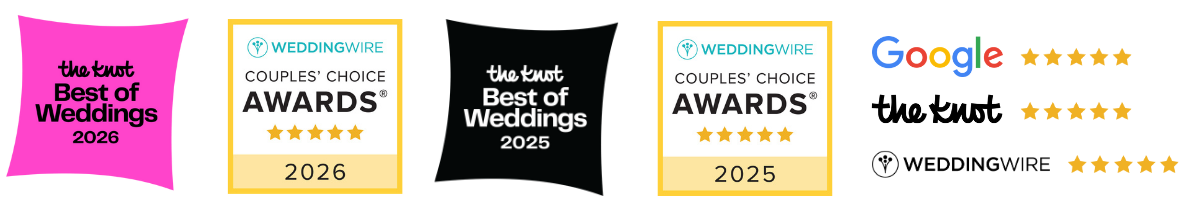 Award-Winning Wedding Day Pet Care. Group of award banners for wedding awards, including categories for best of weddings 2025 and 2026.