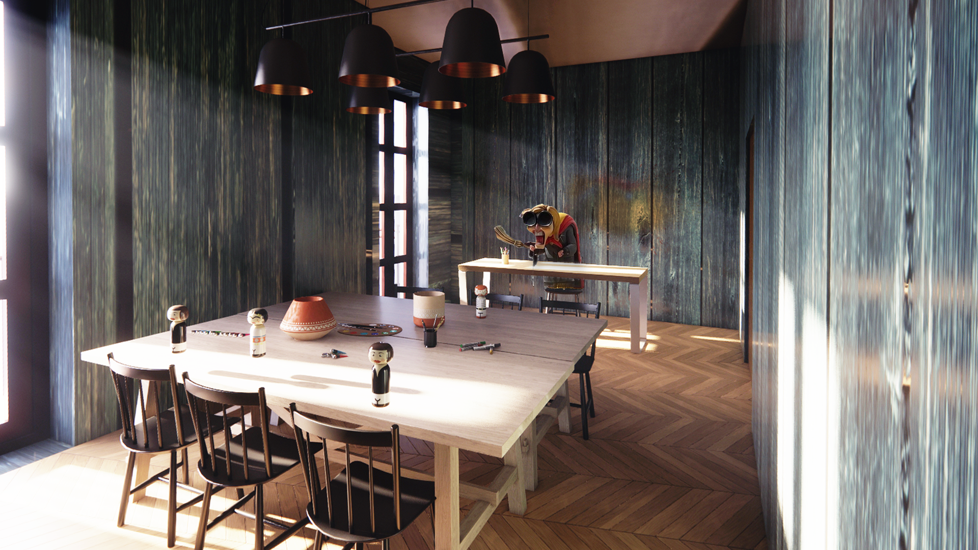 Workshop: Community and creativity emphasized with large communal tables and painted green wooden walls.
