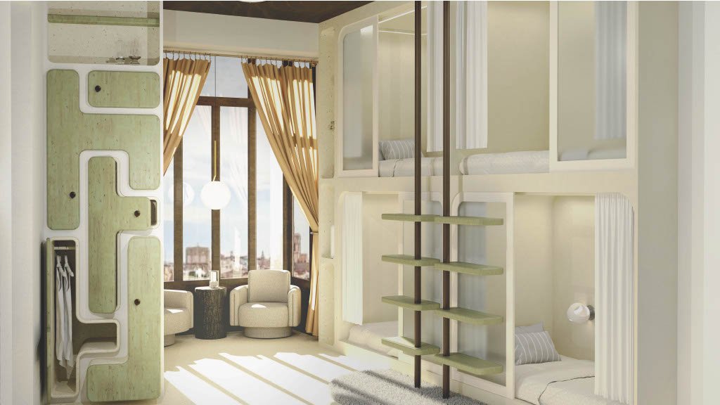 Dormitories: Pod-bed layouts with sculptural green stairs and soft lighting
