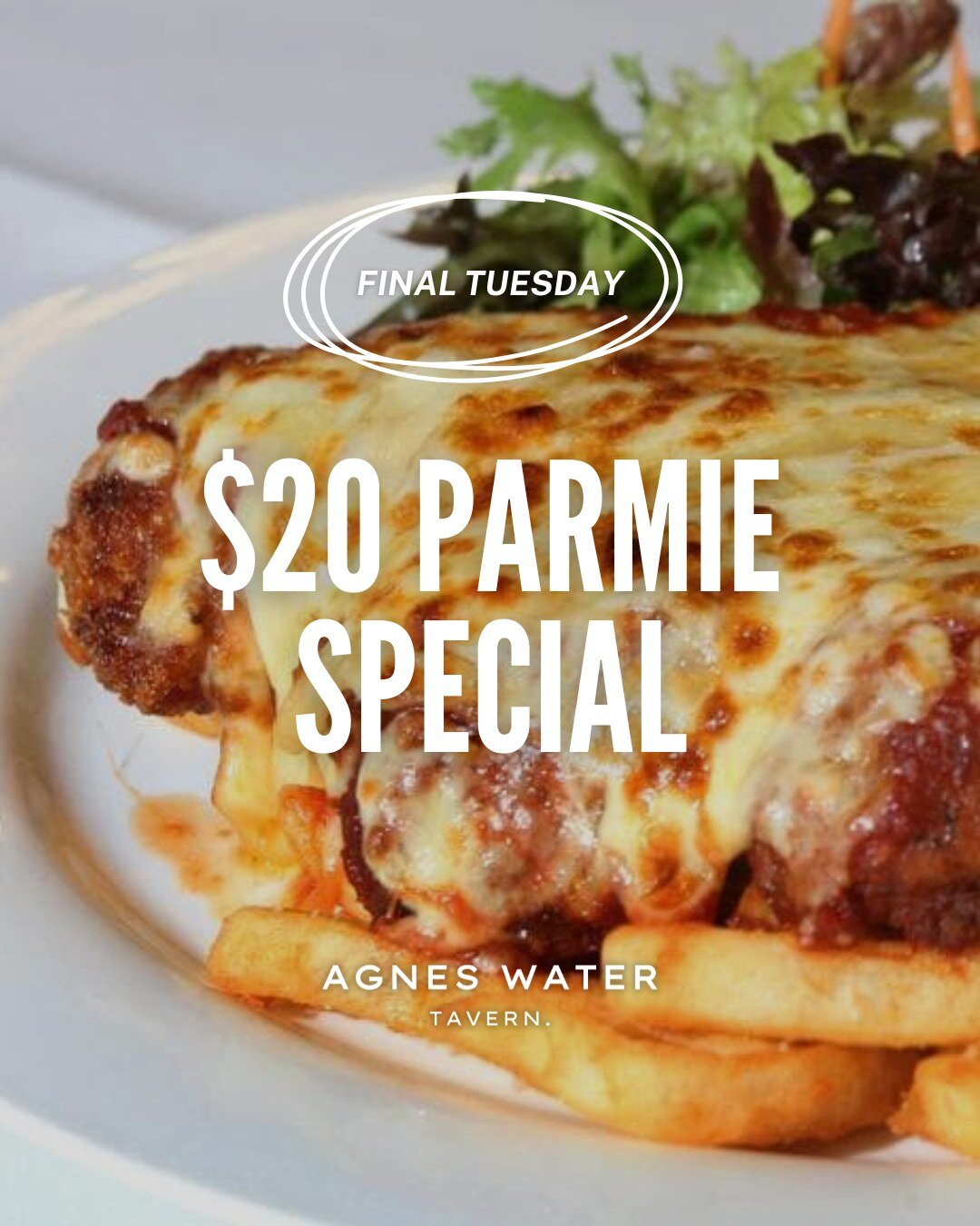 📆 𝗙𝗶𝗻𝗮𝗹 𝗣𝗮𝗿𝗺𝗶𝗲 𝗙𝗲𝗮𝘀𝘁! 🍗✨

Don't let this month slip away without savouring our $20 Parmie Special at Agnes Water Tavern. Gather your crew and make it a delicious Tuesday night to remember! 🎉

🍽️ 𝗥𝗲𝘀𝗲𝗿𝘃𝗮𝘁𝗶𝗼𝗻𝘀 𝗥𝗲𝗰𝗼𝗺