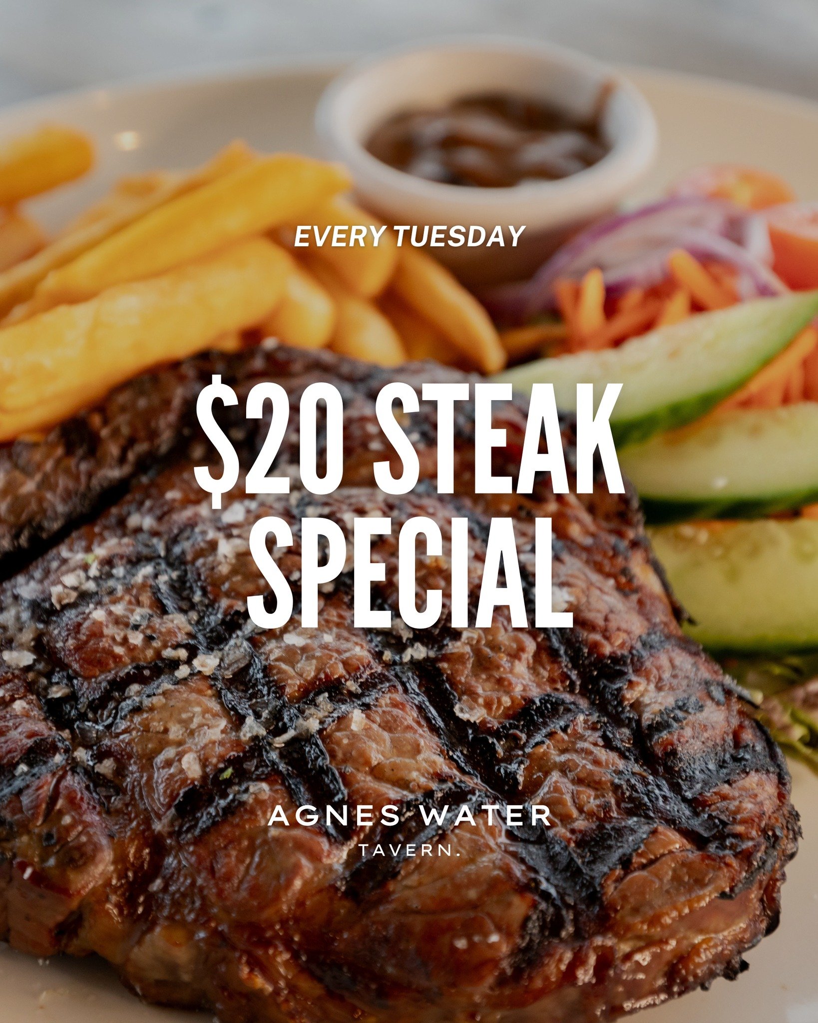🥩 𝗧𝘂𝗲𝘀𝗱𝗮𝘆 𝗦𝘁𝗲𝗮𝗸 𝗦𝗽𝗲𝗰𝗶𝗮𝗹 𝗶𝘀 𝗕𝗮𝗰𝗸! 🥩

Our popular $𝟐𝟎 𝐒𝐭𝐞𝐚𝐤 𝐒𝐩𝐞𝐜𝐢𝐚𝐥 returns this Tuesday! 

Enjoy a juicy 250g Rump Steak with chips, salad, and your choice of sauce for just $20.

📅 Available every Tuesday unt
