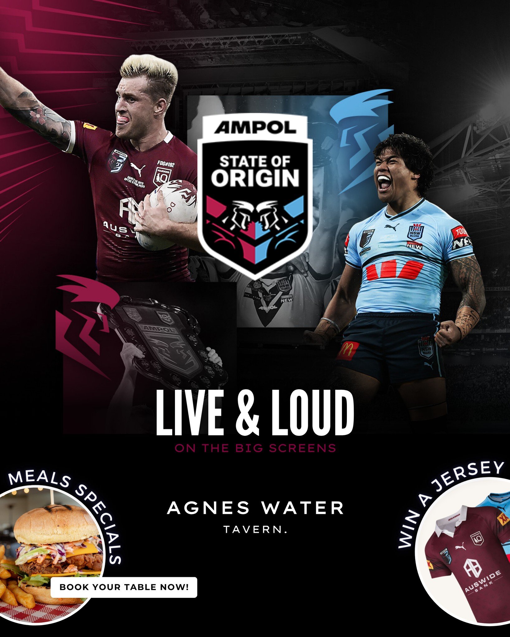 🏉 𝗦𝗧𝗔𝗧𝗘 𝗢𝗙 𝗢𝗥𝗜𝗚𝗜𝗡 - 𝗟𝗜𝗩𝗘 𝗦𝗖𝗥𝗘𝗘𝗡𝗜𝗡𝗚 🏉 📺🔥
Join us at Agnes Water Tavern for the ultimate State of Origin experience on the big screen! Witness the epic showdown between the states with exciting offers just for you:

👕 𝙒?
