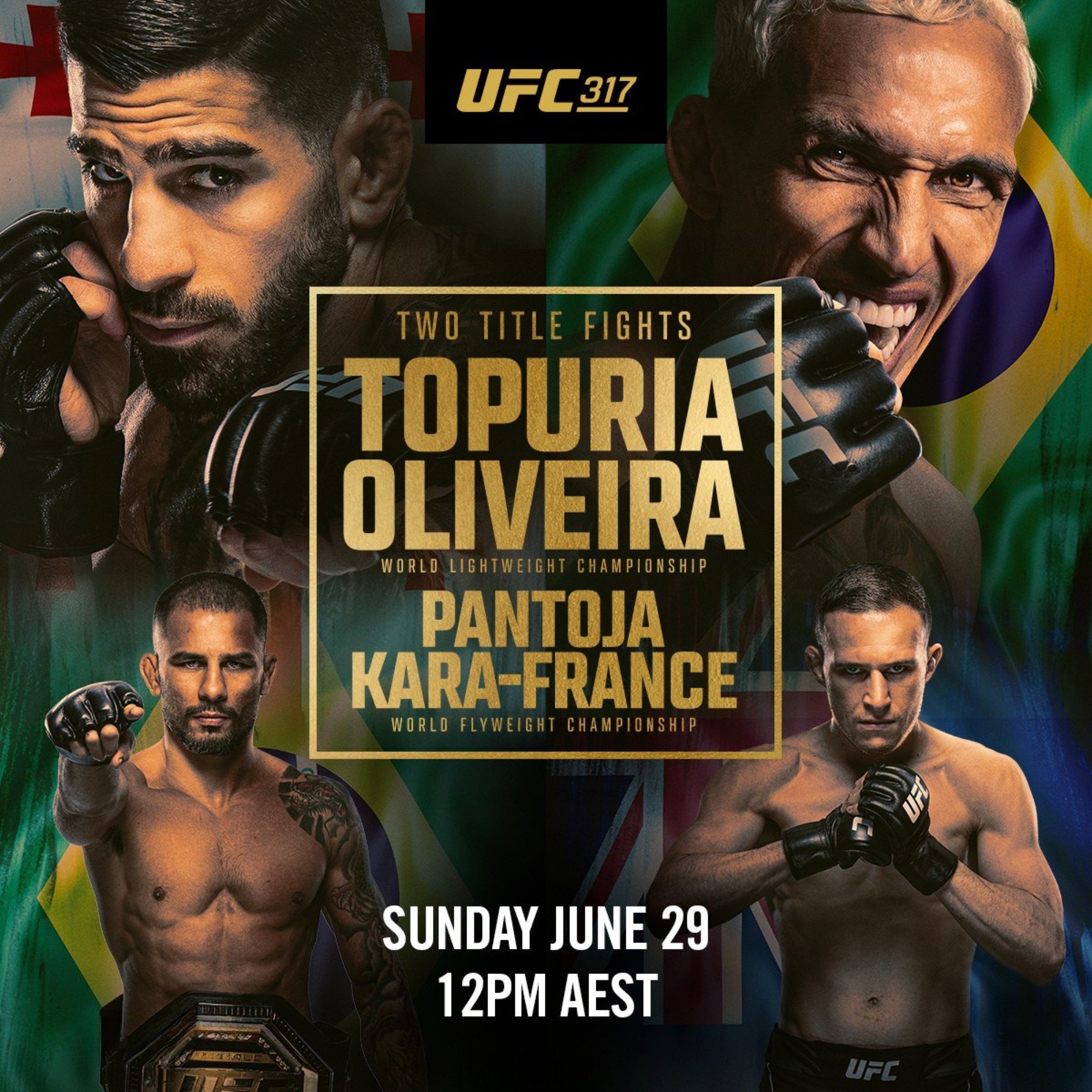 🥊 𝐔𝐅𝐂 𝟑𝟏𝟕: 𝐓𝐨𝐩𝐮𝐫𝐢𝐚 𝐯𝐬. 𝐎𝐥𝐢𝐯𝐞𝐢𝐫𝐚 🏆
𝐏𝐥𝐮𝐬: 𝐏𝐚𝐧𝐭𝐨𝐣𝐚 𝐯𝐬. 𝐊𝐚𝐢 𝐊𝐚𝐫𝐚-𝐅𝐫𝐚𝐧𝐜𝐞 &ndash; 𝐅𝐥𝐲𝐰𝐞𝐢𝐠𝐡𝐭 𝐓𝐢𝐭𝐥𝐞

Two huge title fights, one epic Sunday!

📺 Watch it loud and live on our screens!

📅 𝘿𝙖?