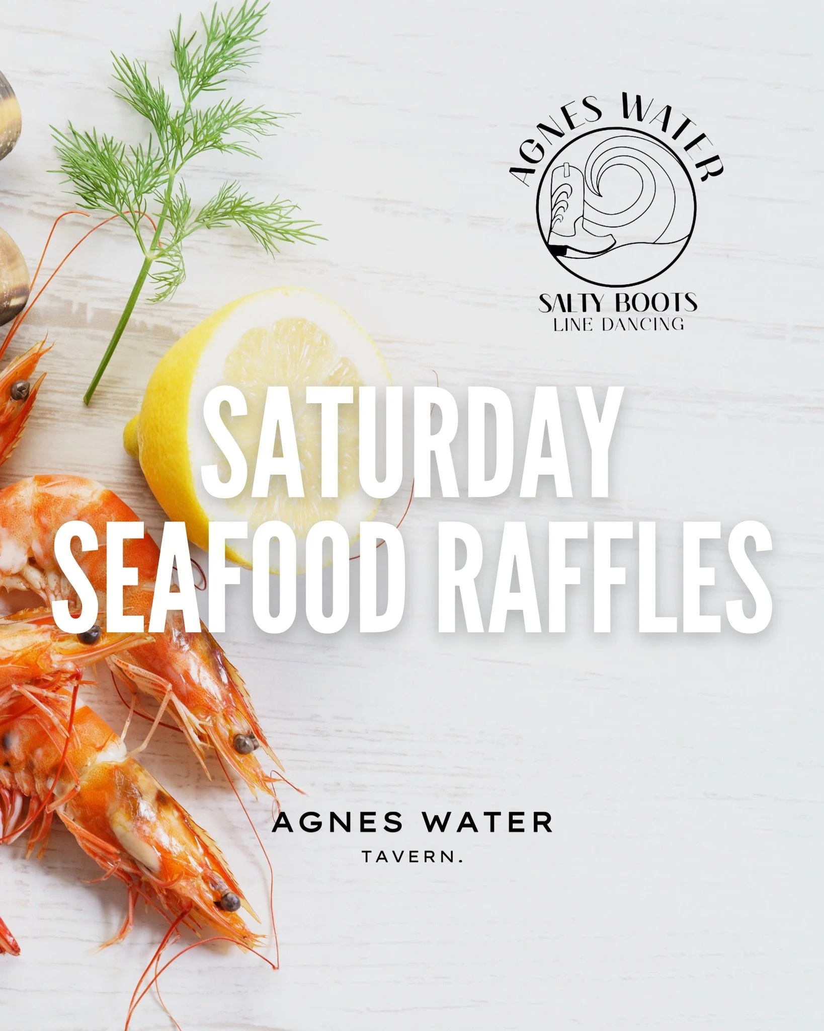 🐟🦐 𝗪𝗜𝗡 𝗮 𝗦𝗘𝗔𝗙𝗢𝗢𝗗 𝗣𝗟𝗔𝗧𝗧𝗘𝗥 𝘁𝗵𝗶𝘀 𝗦𝗮𝘁𝘂𝗿𝗱𝗮𝘆

Join us this Saturday for a chance to win mouthwatering seafood platters in our exciting raffles, supporting Agnes Water &quot;Salty Boots&quot; Line dancing 

⏰ 𝗦𝘁𝗮𝗿𝘁𝘀 𝟮: