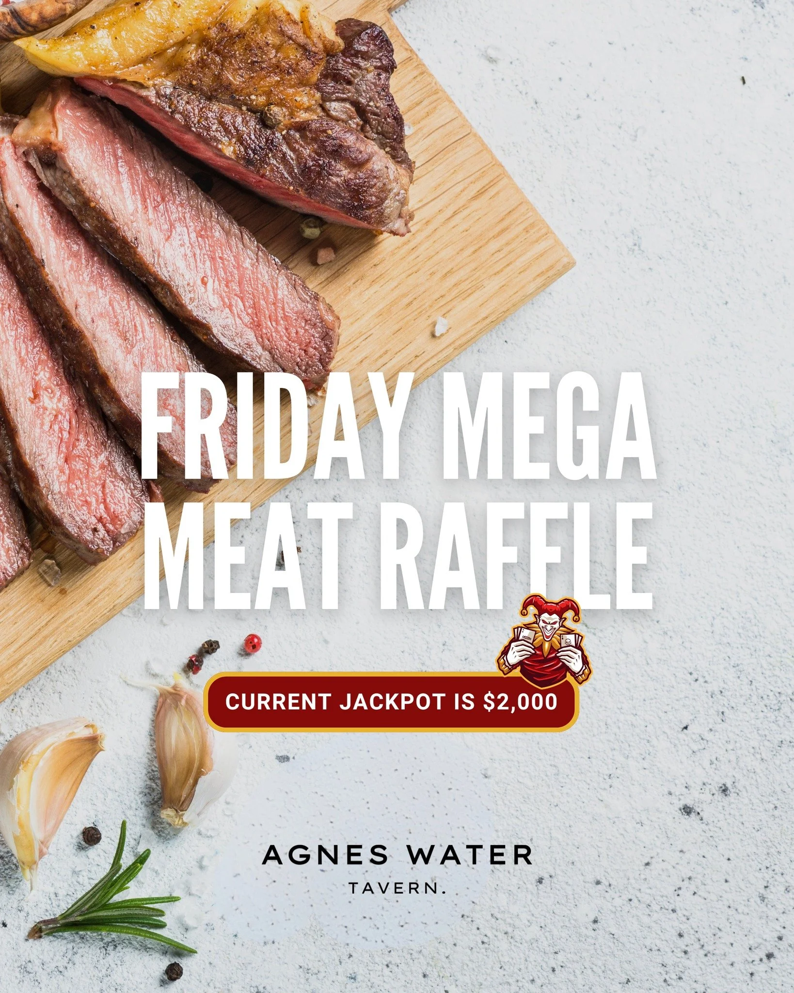 🃏 𝗝𝗔𝗚 𝗔 𝗝𝗢𝗞𝗘𝗥 &ndash; 𝗖𝗨𝗥𝗥𝗘𝗡𝗧𝗟𝗬 𝗔𝗧 $𝟮,𝟬𝟬𝟬!
🥩 𝗣𝗟𝗨𝗦 𝗠𝗘𝗔𝗧 𝗥𝗔𝗙𝗙𝗟𝗘𝗦 𝗙𝗥𝗢𝗠 𝟲𝗣𝗠

Join us this Friday for a night of fun and prizes!
Try your luck in our 𝗝𝗮𝗴 𝗮 𝗝𝗼𝗸𝗲𝗿 𝗱𝗿𝗮𝘄 &ndash; the jackpot is sitt