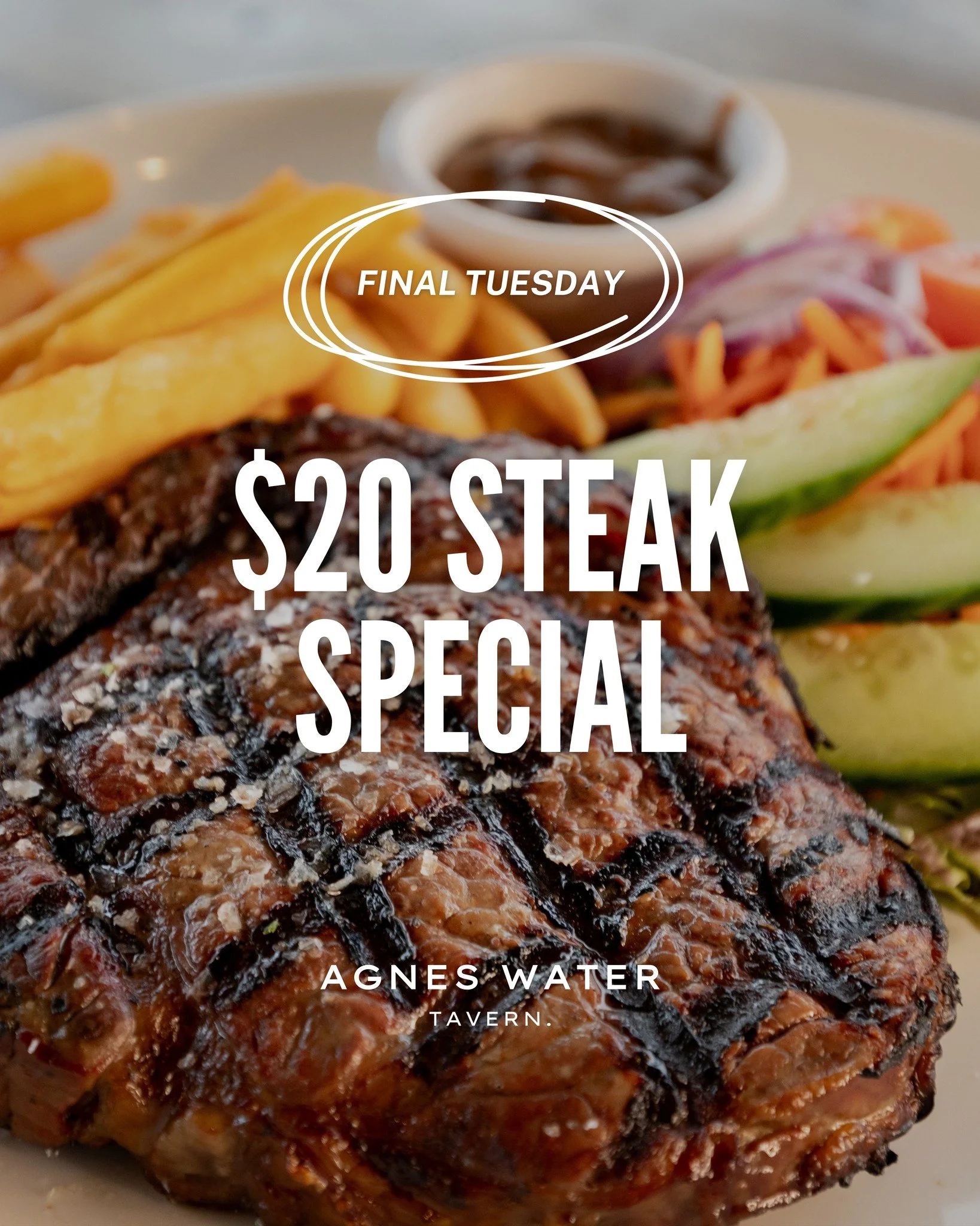 🥩 𝐅𝐢𝐧𝐚𝐥 𝐒𝐭𝐞𝐚𝐤 𝐍𝐢𝐠𝐡𝐭 🥩

Our popular $𝟐𝟎 𝐒𝐭𝐞𝐚𝐤 𝐒𝐩𝐞𝐜𝐢𝐚𝐥 ends tonight! Enjoy a juicy steak with chips, salad, and your choice of sauce for just $20.

Don&rsquo;t miss out on this delicious deal at Agnes Water Tavern. See yo