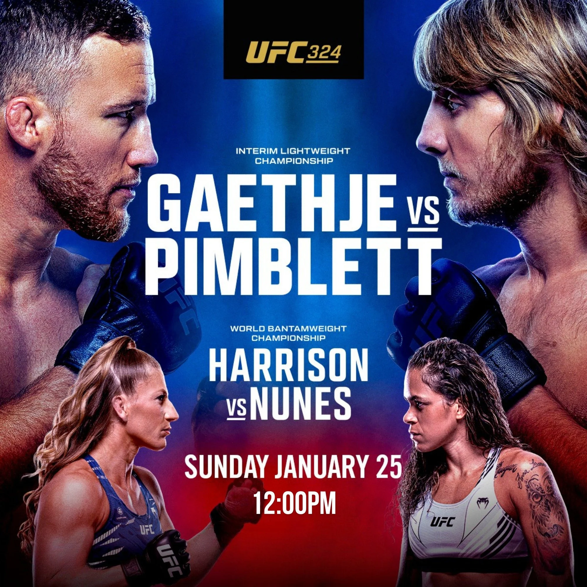 🥊 𝐔𝐅𝐂 𝟑𝟐𝟒 - 𝐋𝐈𝐕𝐄 &amp; 𝐋𝐎𝐔𝐃 𝐚𝐭 𝐀𝐠𝐧𝐞𝐬 𝐖𝐚𝐭𝐞𝐫 𝐓𝐚𝐯𝐞𝐫𝐧 🥊

𝗝𝘂𝘀𝘁𝗶𝗻 𝗚𝗮𝗲𝘁𝗵𝗷𝗲 𝘃𝘀 𝗣𝗮𝗱𝗱𝘆 𝗣𝗶𝗺𝗯𝗹𝗲𝘁𝘁
💥 Lightweight Interim Title Bout

📺 Watch it loud and live on our screens!

📅 𝘿𝙖𝙩𝙚: 25th Januar