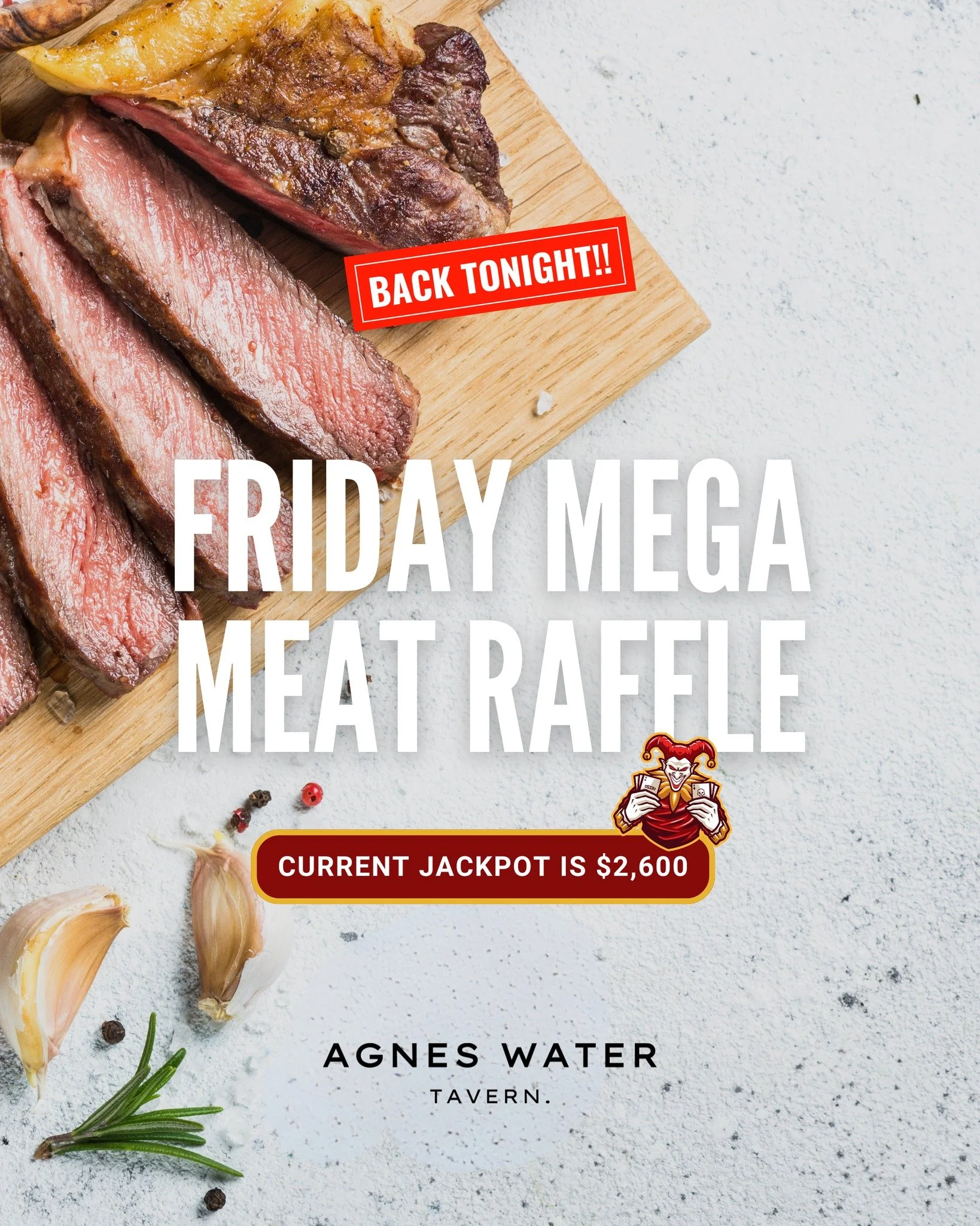 🃏 𝗝𝗔𝗚 𝗔 𝗝𝗢𝗞𝗘𝗥 &ndash; 𝗖𝗨𝗥𝗥𝗘𝗡𝗧𝗟𝗬 𝗔𝗧 $𝟮.𝟲𝟬𝟬
🥩 𝗣𝗟𝗨𝗦 𝗠𝗘𝗔𝗧 𝗥𝗔𝗙𝗙𝗟𝗘𝗦 𝗙𝗥𝗢𝗠 𝟲𝗣𝗠

Join us this Friday for a night of fun and prizes!
Try your luck in our 𝗝𝗮𝗴 𝗮 𝗝𝗼𝗸𝗲𝗿 𝗱𝗿𝗮𝘄 &ndash; the jackpot is sitti