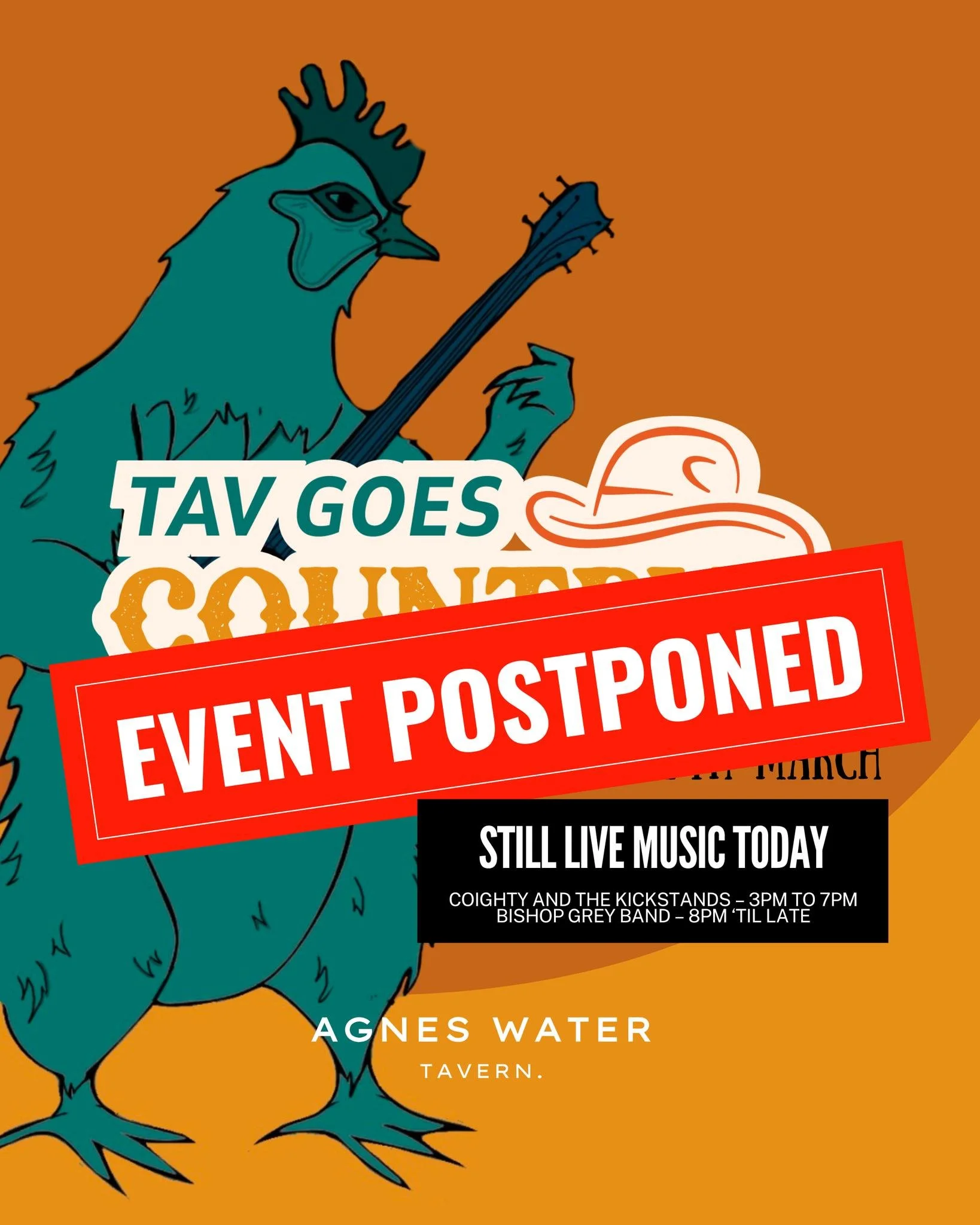 🚨📣 𝗘𝘃𝗲𝗻𝘁 𝗣𝗼𝘀𝘁𝗽𝗼𝗻𝗲𝗱

Due to unforeseen circumstances, Tav Goes Country Vol. 2 scheduled for today will be postponed. A new date will be announced in the coming weeks, so stay tuned.

The good news is we 𝘀𝘁𝗶𝗹𝗹 𝗵𝗮𝘃𝗲 𝗹𝗶𝘃𝗲 𝗺?