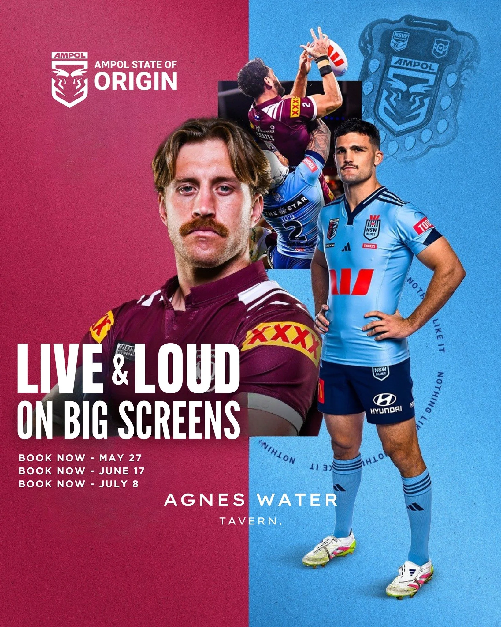 🏉 𝗦𝗧𝗔𝗧𝗘 𝗢𝗙 𝗢𝗥𝗜𝗚𝗜𝗡 - 𝗟𝗜𝗩𝗘 𝗦𝗖𝗥𝗘𝗘𝗡𝗜𝗡𝗚 🏉 📺🔥
Join us at Agnes Water Tavern for the ultimate State of Origin experience on the big screen! Witness the epic showdown between the states with exciting offers just for you:

📺 𝗟?