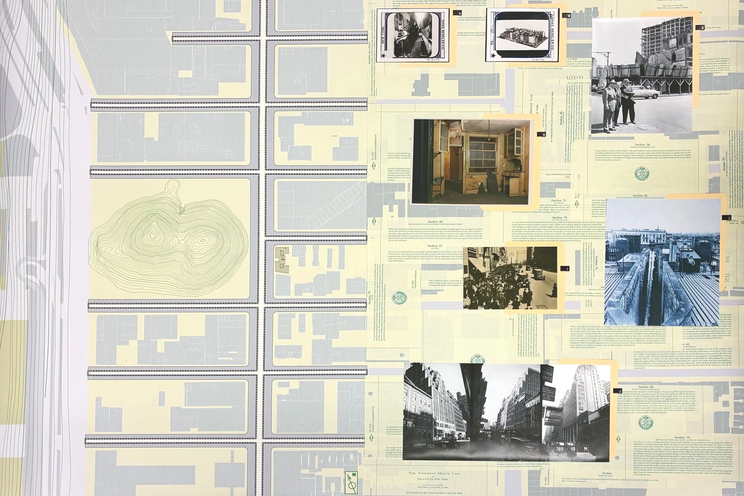 research drawing & site plan, 48" x 24", collage over digital drawing, 2025