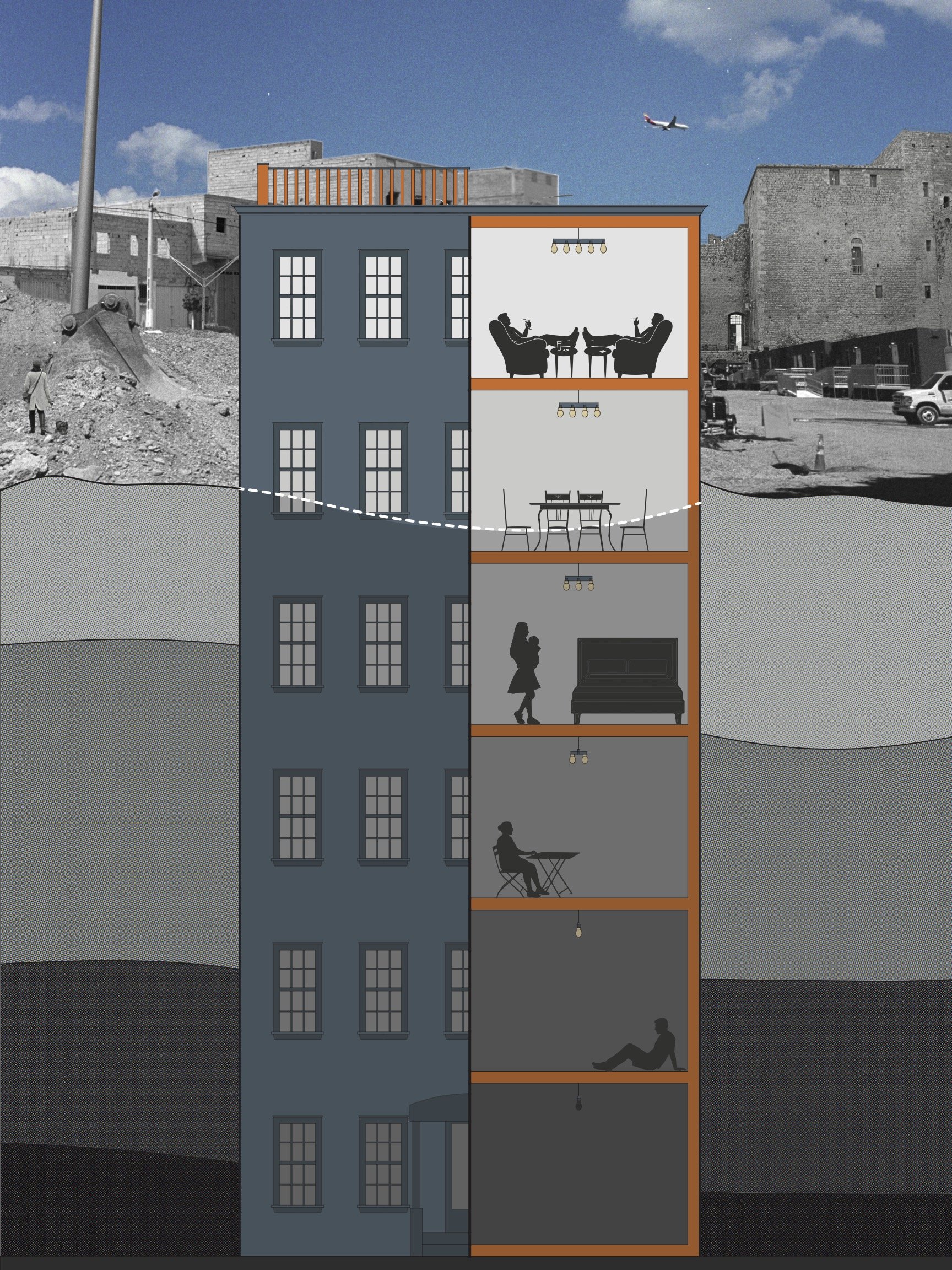 section through class hierarchy, digital drawing & collage, 24" x 32", 2025
