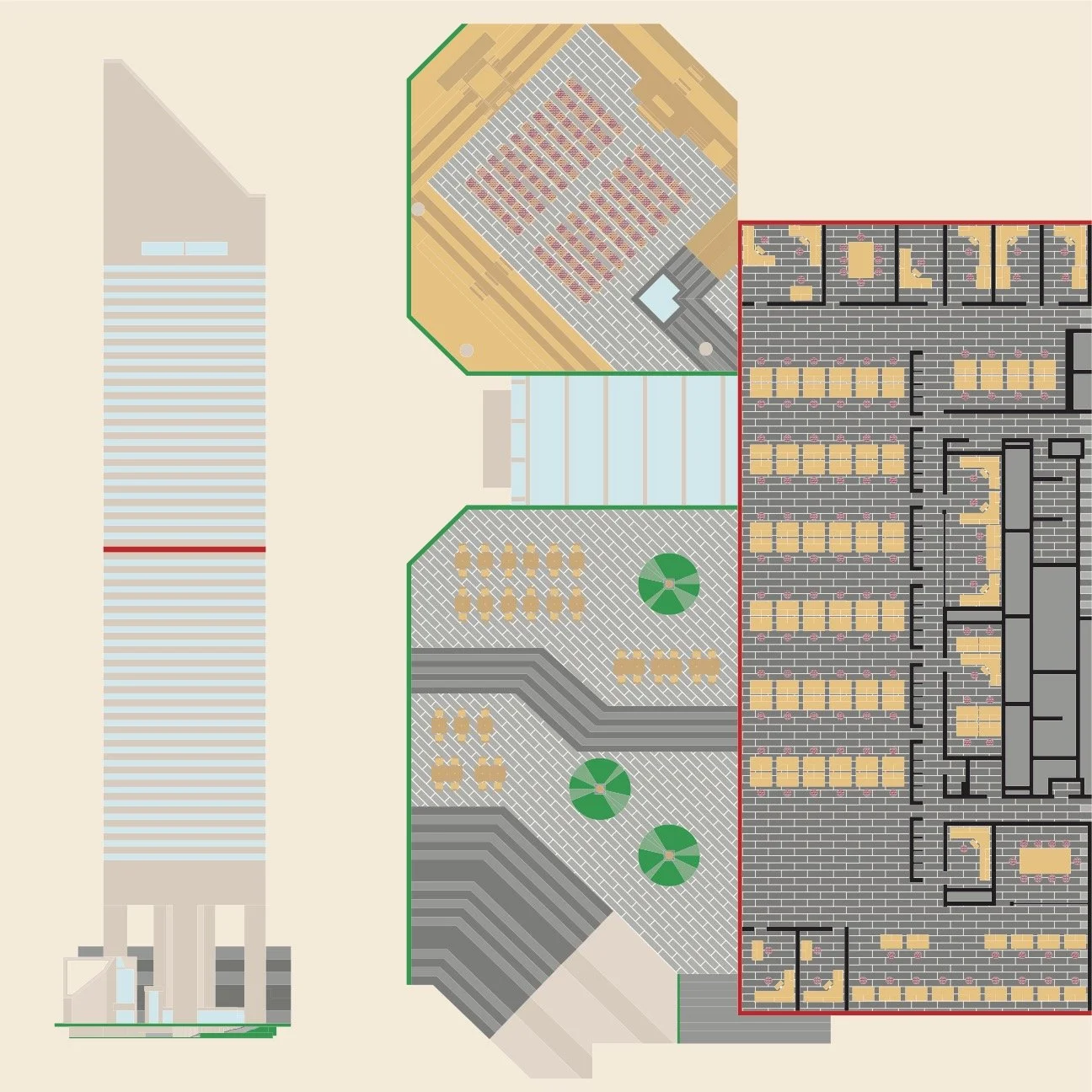 citicorp center (hugh stubbins, 1977), plan and west elevation, digital drawing, 18" x 18", 2025
