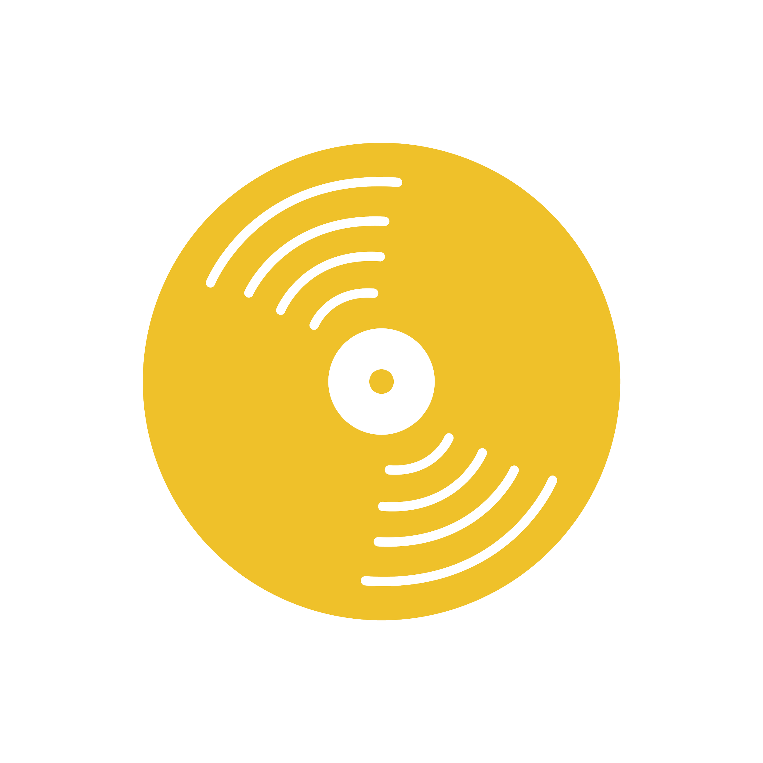 A graphic design of a Wi-Fi symbol with black lines on a yellow semi-circular background.