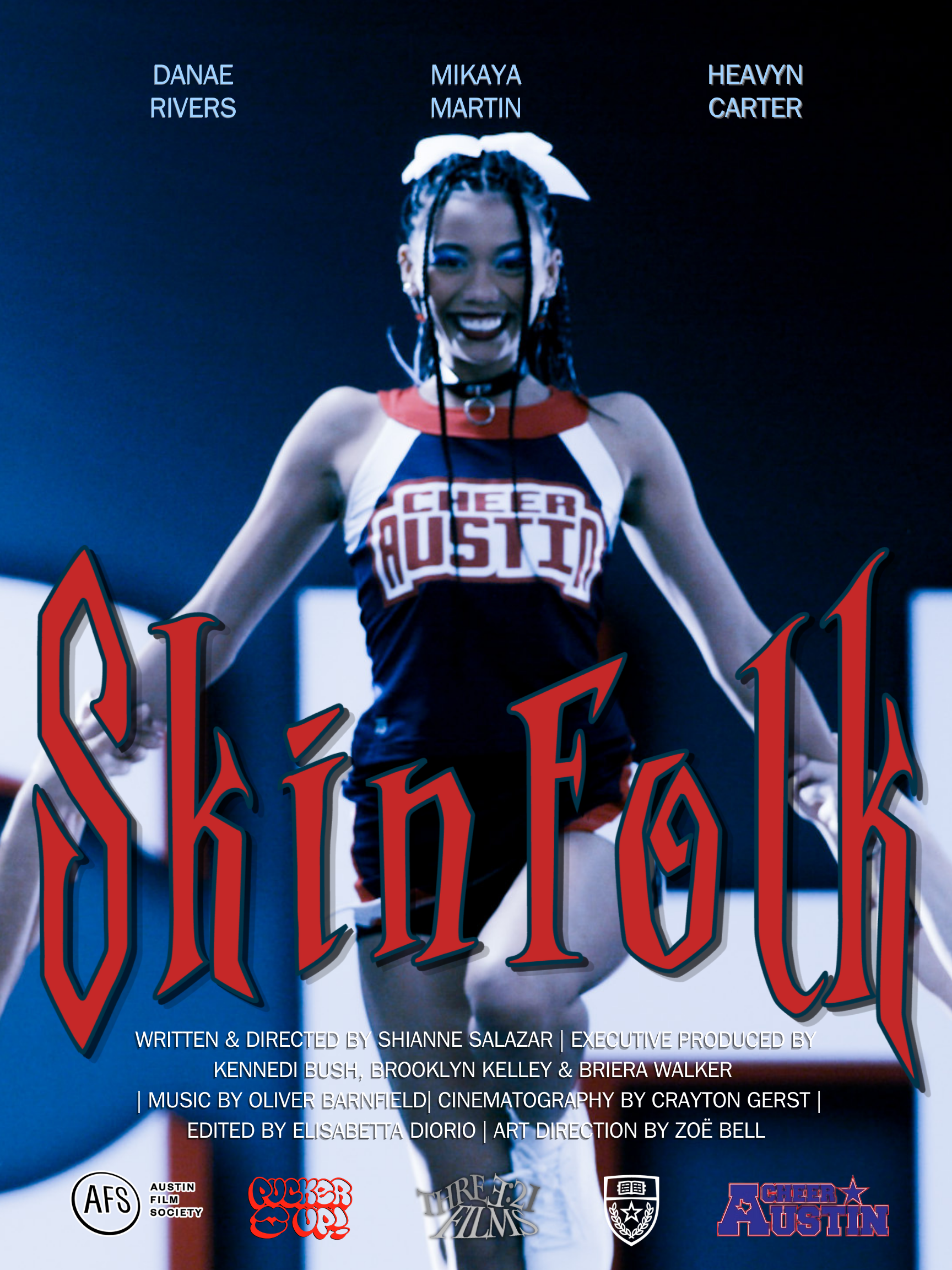 Poster with a smiling cheerleader in uniform, with the title 'Cheer Austin' and names of cast and crew, logos at the bottom, and a dark background.
