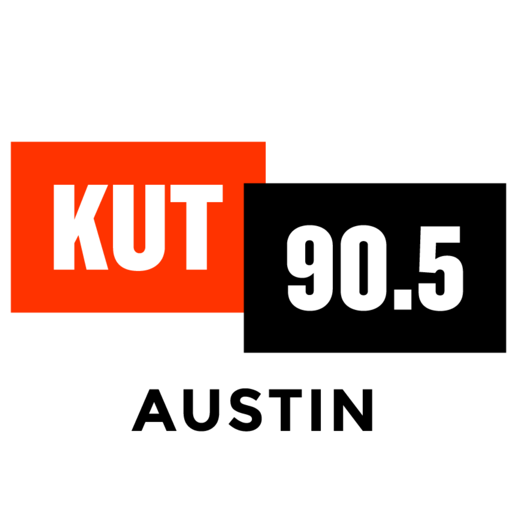 A black background with the text 'KUT' in bold white letters on an orange rectangle, and the word 'Radio' in white below.