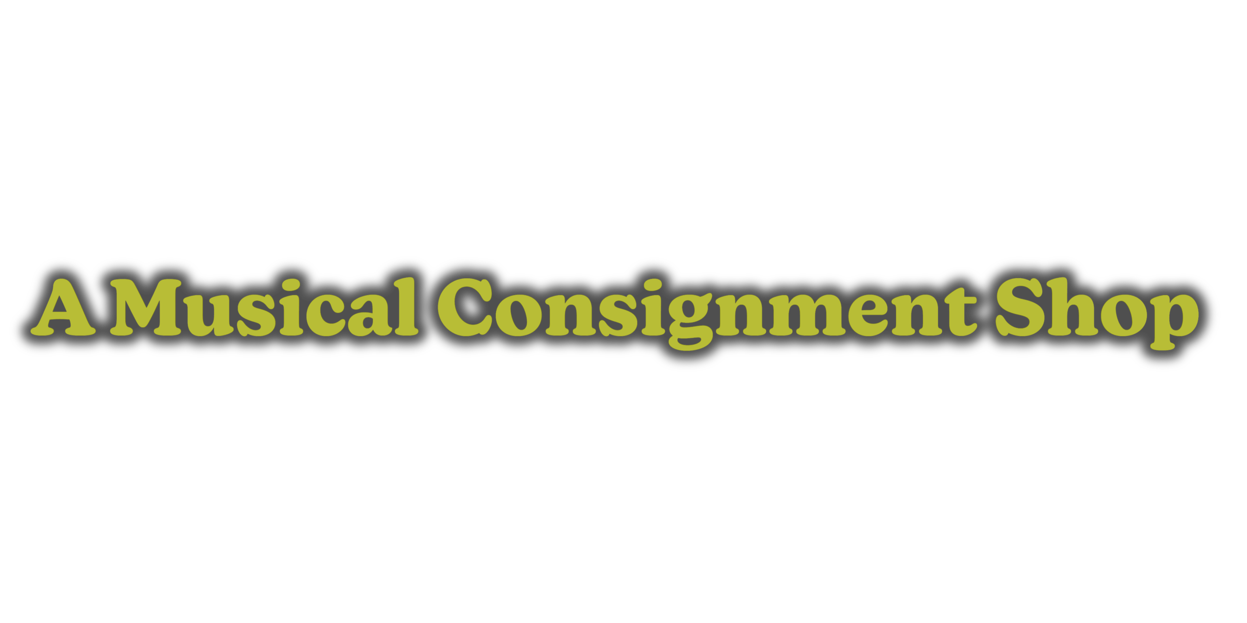 A black background with text that reads 'The Music Emporium: A Musical Consignment Shop' in large white and lime green font.