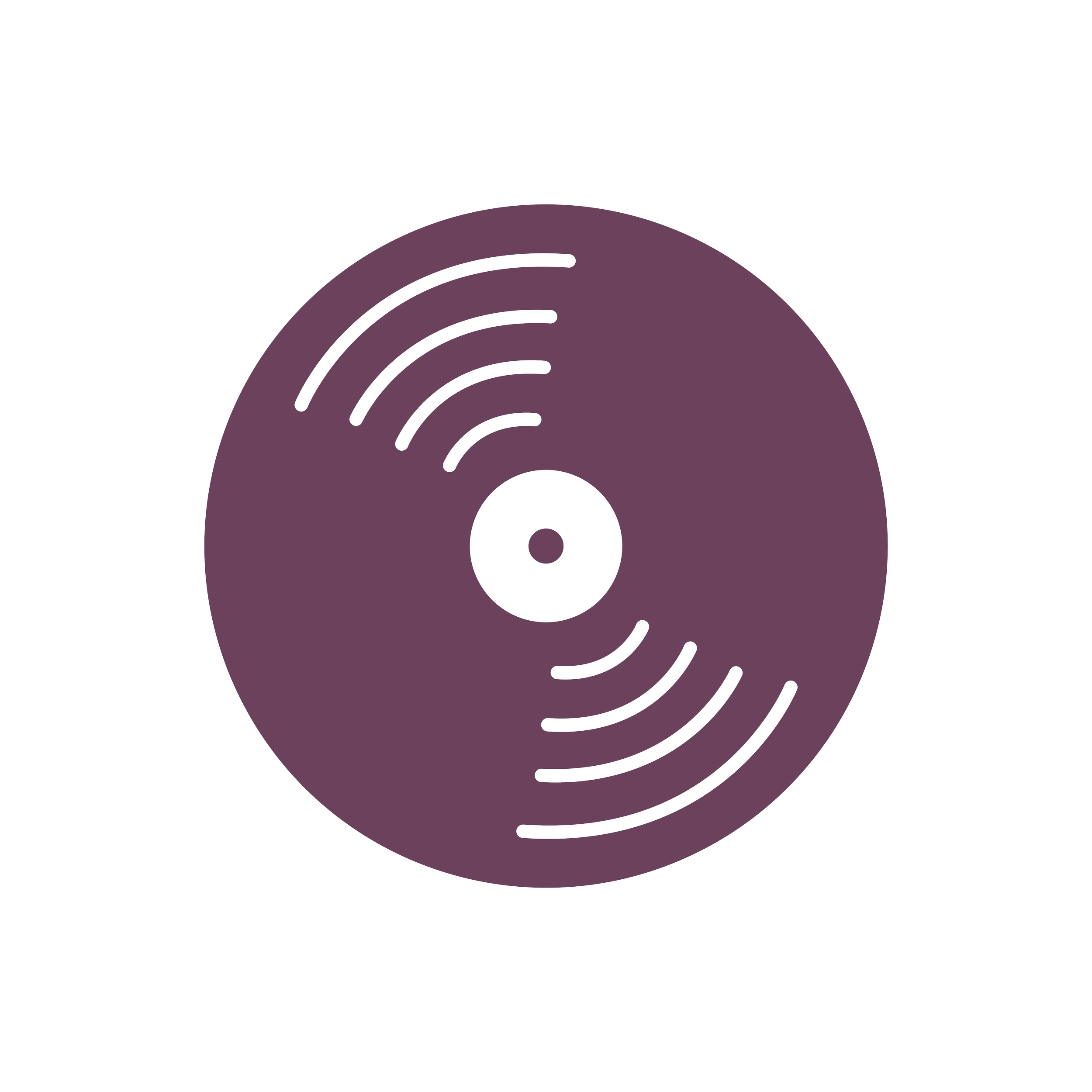 A circular wireless charging pad with an abstract purple design on a black background.