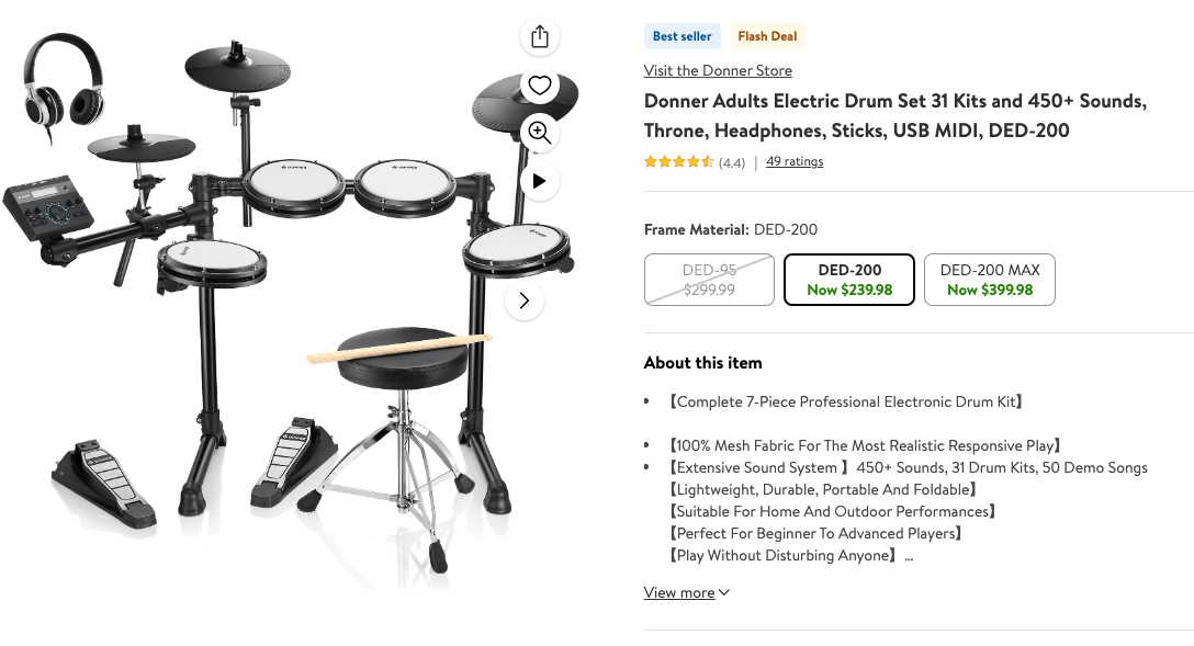 Donner Electric Drum Set w/ a Chair, Headphones, Sticks, and USB MIDI on Sale: $215 | Retail: $589