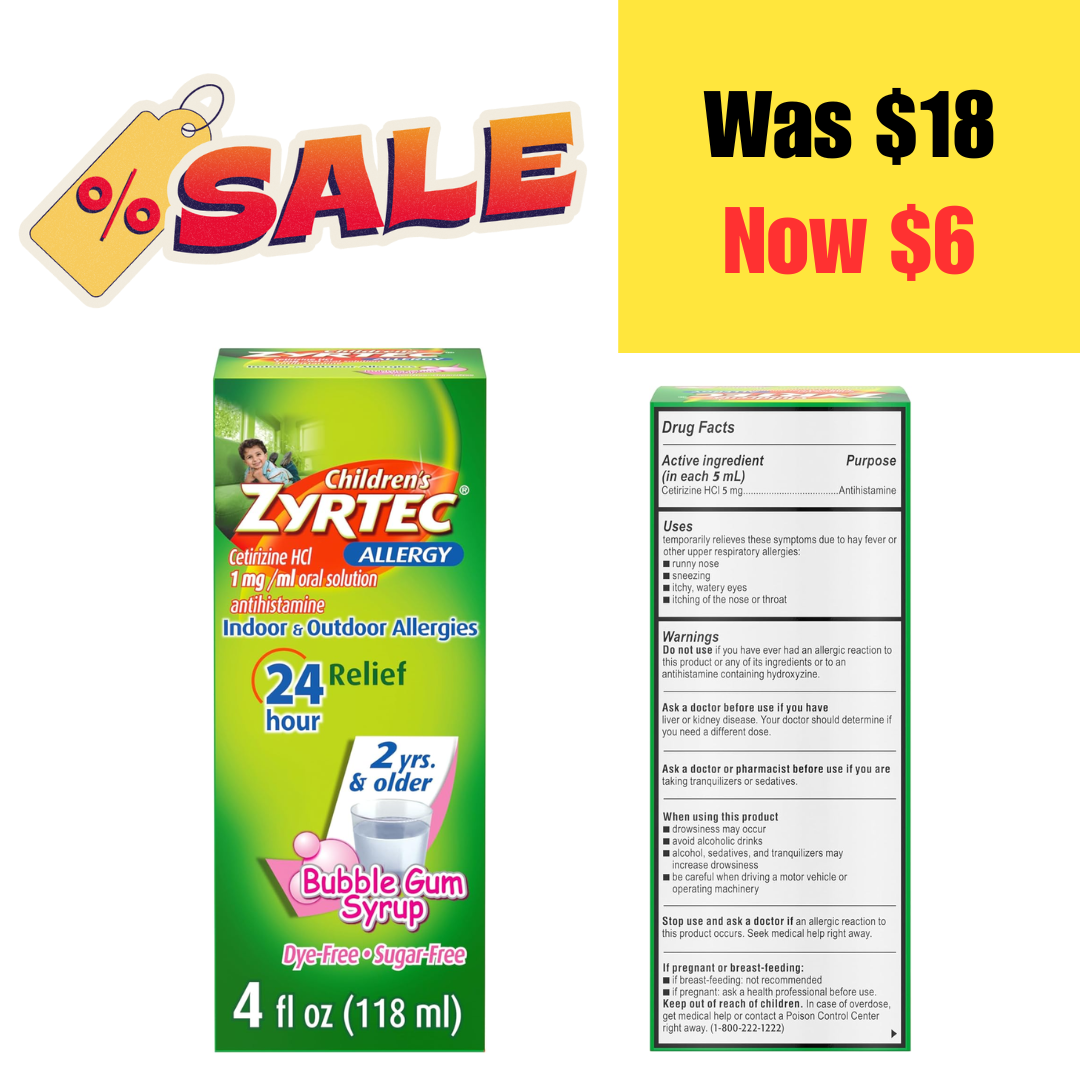 Zyrtec Children's 24 Hour Allergy Relief on Sale: $6 | Retail: $18