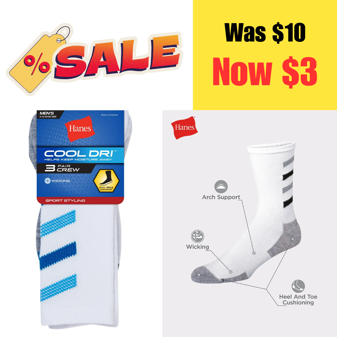 3 Pairs of Hanes Crew Socks on Sale: $3 | Retail: $10