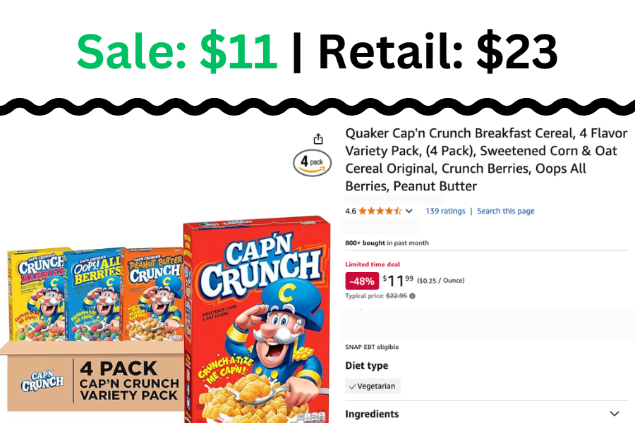 4 pk Quaker Cap’n Crunch on Sale: $11 | Retail: $23
