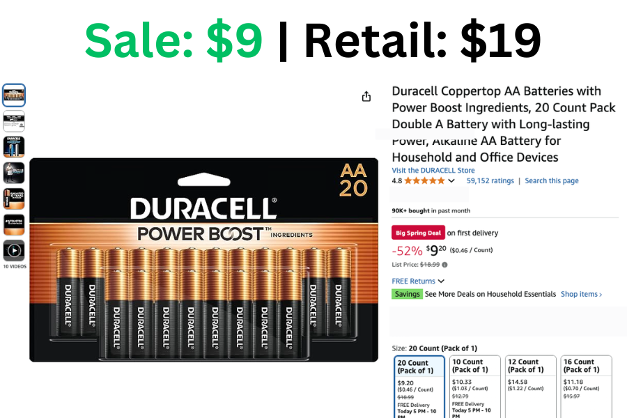 20 ct Duracell Coppertop AA Batteries on Sale: $9 | Retail: $19