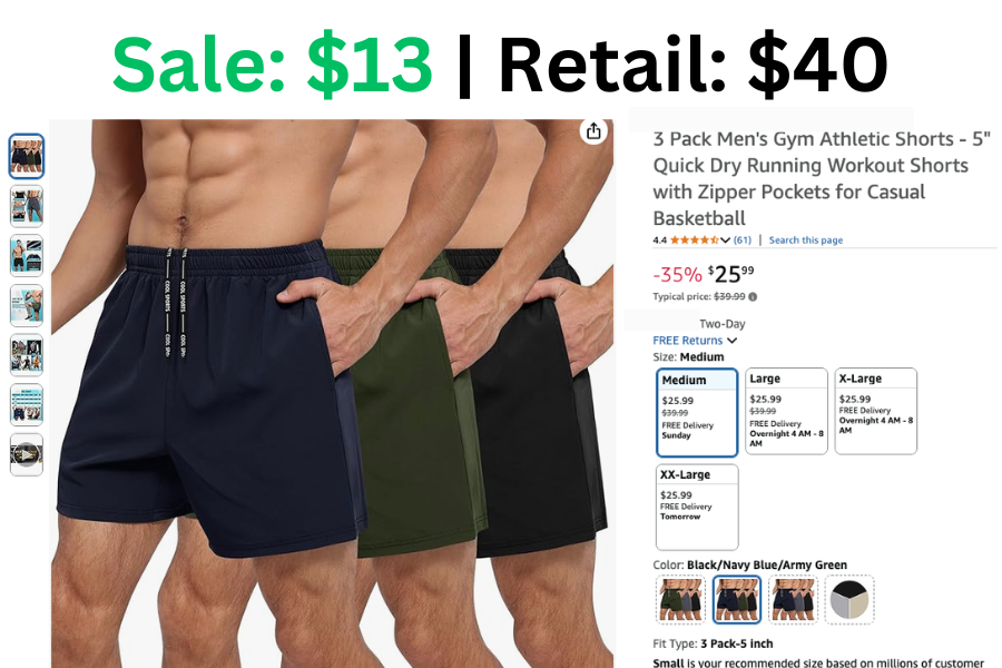 3 pk Men's Gym Shorts on Sale: $13 | Retail: $40