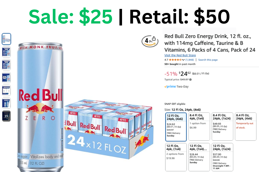 24 pk Red Bull Zero Energy Drink on Sale: $25 | Normally: $50