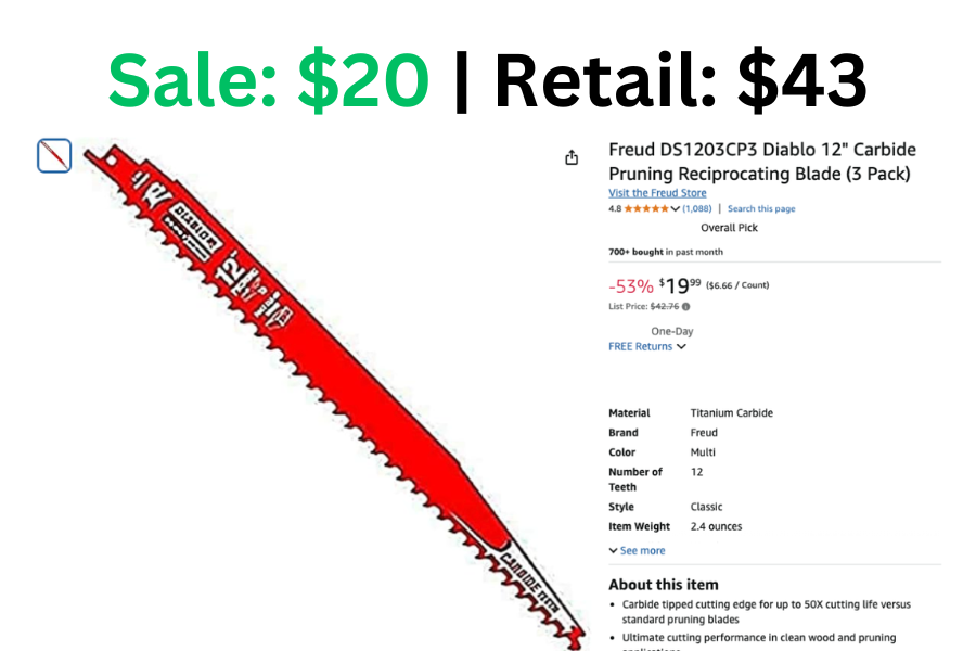 3 Pack of 12" Carbide Pruning Reciprocating Blade on Sale for $20 | Normally $43