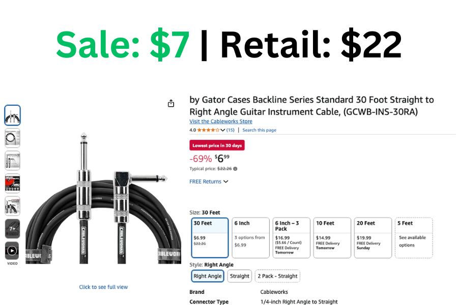 30 ft Straight to Right Angle Guitar Instrument Cable on Sale for $7 | Normally $22