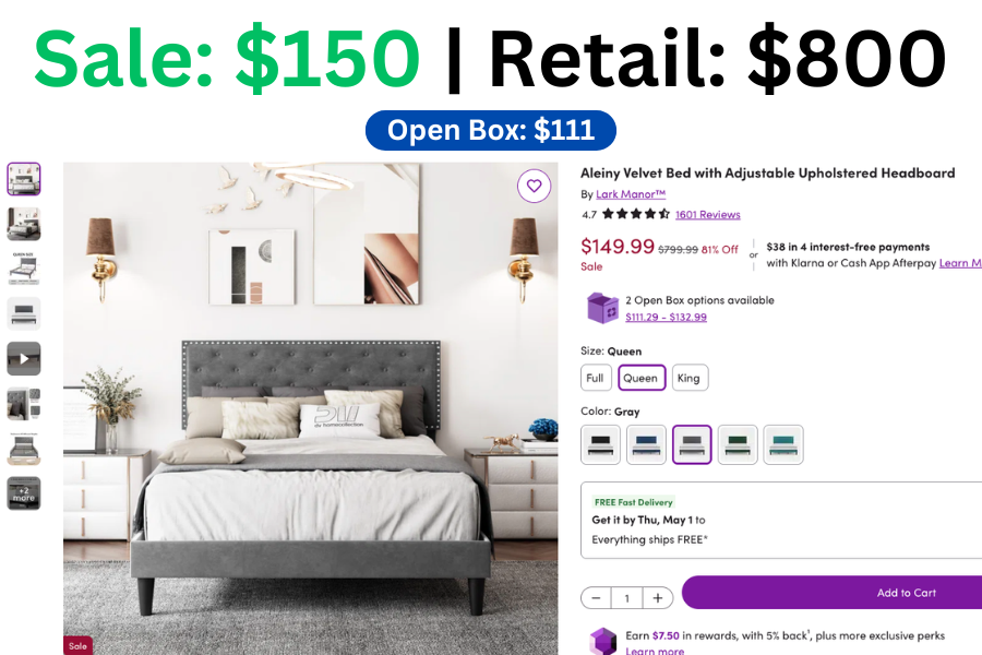 Velvet Bed w/ Adjustable Upholstered Headboard on Sale for $150 | Normally $800