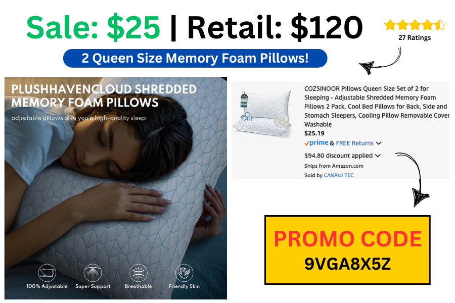 2 Queen Size Memory Foam Pillows on Sale: $25 | Normally $120