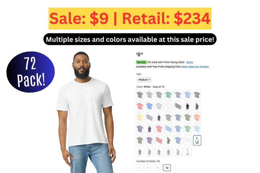 (Sale: $9 | Retail: $234) 72 pk Gildan Adult Softstyle Cotton T-Shirt