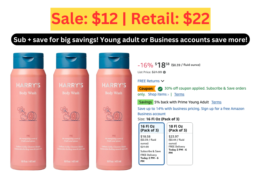 (Sale: $12 | Retail: $22) 3 pk Harry's Body Wash Shower Gel 16 oz